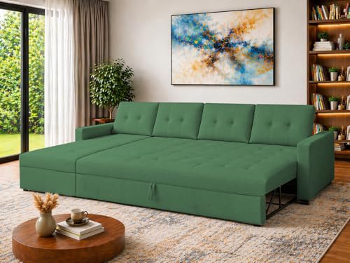 Image of Emilio 6 Seater LHS L - Shape Pull-Out Sofa Cum Bed Sofa for Living Room (Green Fabric Color) Premium Fabric Sofa Set for Living Room Sofa Cum Bed