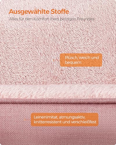 Feandrea Hundebett, Hundekissen in Leinenoptik, Hundekorb, erhöhte Ränder, rutschfeste Unterseite, Bezug abnehmbar waschbar, M, für kleine Hunde, 70 x 55 x 21 cm, pastellrosa PGW010R01