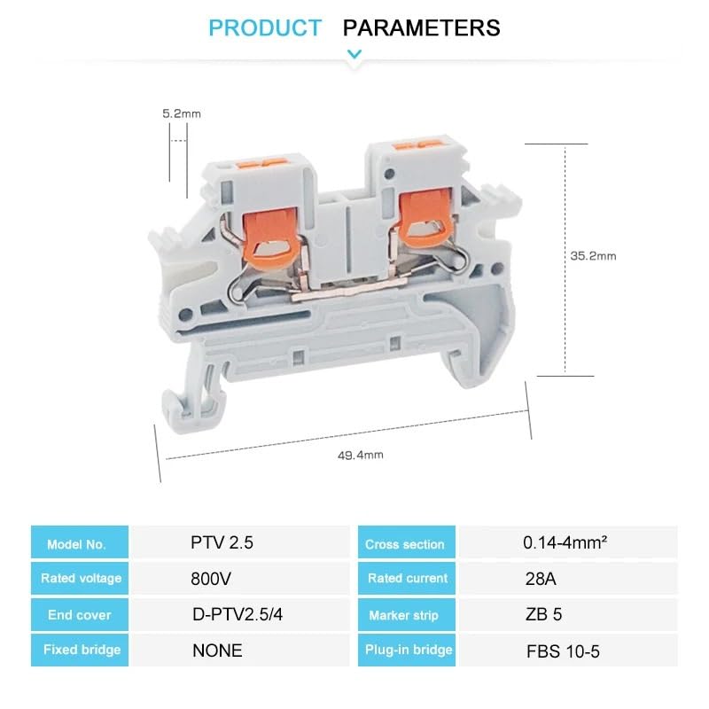 10Pcs PTV 2.5 DIN Rail Terminal Block Side-Entry Push-in Connection 2.5mm² 26-12AWG Cable Wiring Electrical Wire Connector(PTV2.5-Green)