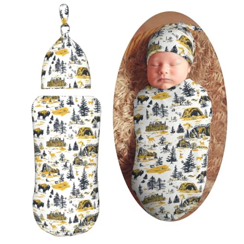 Image of Deer Black Pine Trees Newborn Swaddle Blankets Hat Sets Soft Baby Receiving Blanket Swaddle Sack for Baby Shower Infant Boy Girl Gift