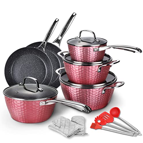 LovoIn Batterie de cuisine 14 pièces antiadhésive pour induction Martelé Rose