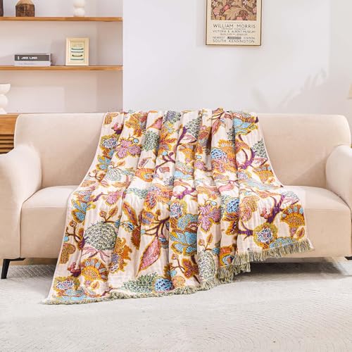 Image of XIBLC Boho Throw Blanket for Bed, 100% Cotton Soft Rustic Quilt Fall Blanket, 50 inchx60 inch Floral Printed Farmhouse Decor Bed Blankets, All Season Rustic Reversible Bohemian Throw Quilt