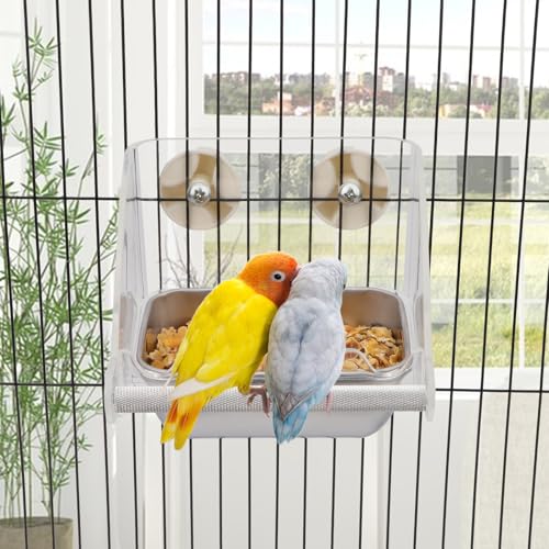 Hypeety Transparent Bird Feeder No Mess Parakeet Feeder for Cage Clear Bird Cage Feeders with Anti-Slip Perch Stainless Steel Food Bowl for Parakeets Parrots Budgies Lovebirds Cockatiels Conures