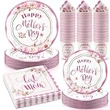 Jenaai 200 Pcs Mother's Day Tableware Set Serve for 50 Guests 9' Dinner Plates 7' Dessert Plates Paper Cups and Napkins Set for Happy Mother's Day Gifts Dinnerware Tableware Disposable Party Supplies