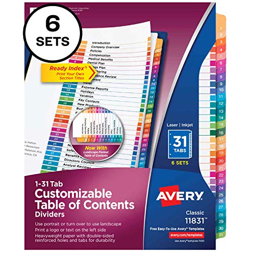Avery 31-tab Dividers for 3 Ring Binders, Customizable Table of Contents, Multicolor Tabs, 6 Sets (11831)