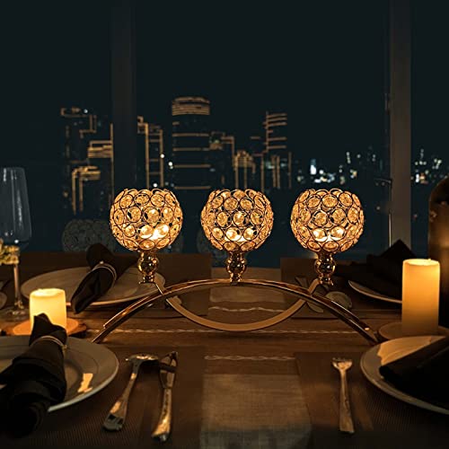 Crystal Candle Holders, Tealight Candlestick Candelabra Stand With 3 Arms,Candle Holder For Wedding Home Decor/Table Centerpiece Party Decoration (Gold) #TOP5