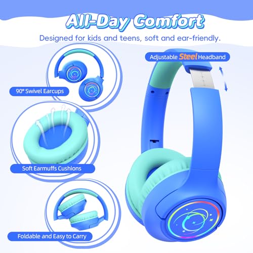 Image of Kids Bluetooth Headphones, 85H Playtime Wireless Headphones for Kids, Colorful LED Lights, 85 /94dB Safe Volume Limit, Bluetooth 5.4 Built-in Mic Toddler Headset for Tablet /Airplane /Travel (Blue)