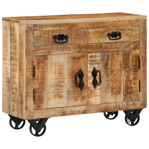 Emmtore Aparador, Armario Auxiliar de Almacenaje, Aparador con Ruedas para Salón, Estilo Retro, Madera Maciza de Mango sin Tratar 80x30x65 cm