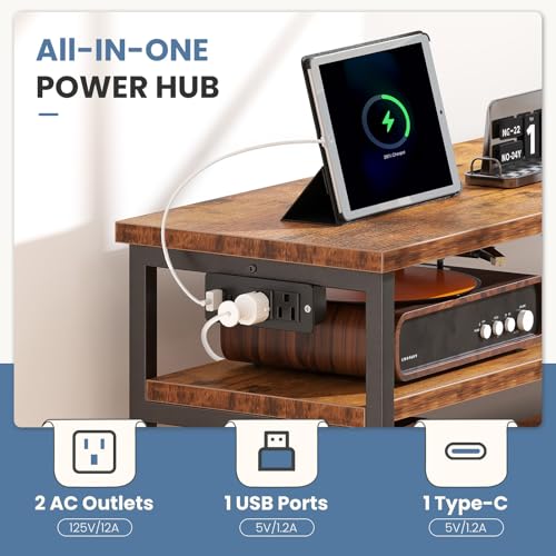 Image of DUMOS TV Stand for Up to 45 inch TV, Entertainment Center with Remote or App-Controlled LED Lights & Charging Station, Media Console Table with 6 Fabric Drawers, 2 Shelves for Living Room, Brown
