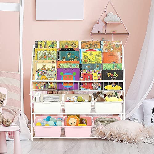 Large Kids Bookshelf With 6 Storage Box,5 Tier Metal Kids Bookcases Children's Toy Storage Rack, 6 Storage Drawer For Books Toys Storage, Book Unit Storage Shelf For Playroom, Bedroom, Study Room. #TOP6