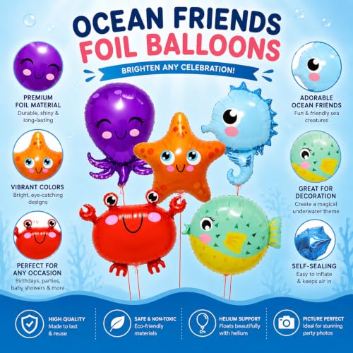 Image of Rozi Decoration 5 Pcs Under The Sea Theme Foil Balloon for Birthday Decoration | Ocean Animals Foil Balloon with Octopus, Starfish, Crab, Seahorse & Puffer Fish | Mermaid Theme Birthday Decoration Kit