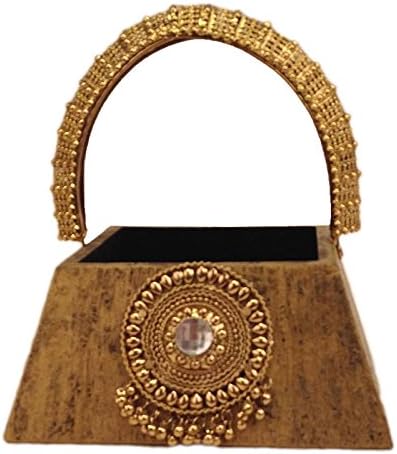 Wooden Broad Base Black and Gold Textured Multipurpose Basket with Gungroo Brooch and Gold Handle: Home Dinning or Kitchen Use - 7" x 7" x 7.5"