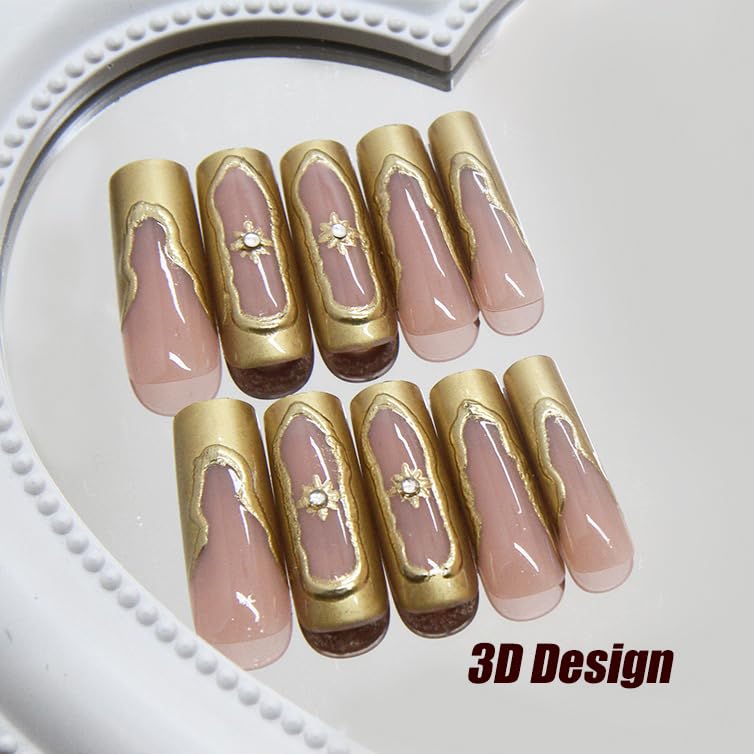 BABALAL Press on Long Square Fake Nails - 3D Gold Chrome