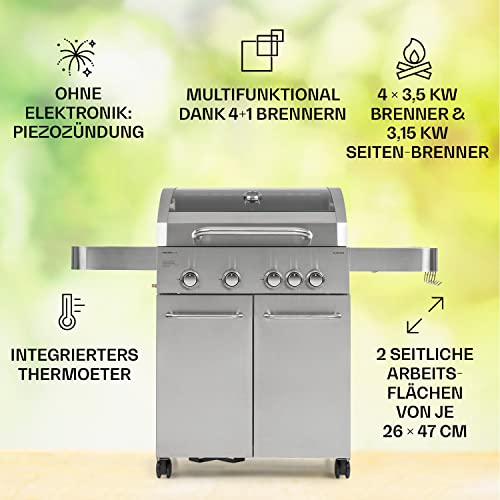 Foto von Klarstein Gasgrill mit Großer Grillfläche, 1 Seitenbrenner & 4 Brenner, 17,1kW Edelstahl-, BBQ Gasgrill für Balkon & Garten, Grill für Propan,mit 5 Brenner & Thermometer