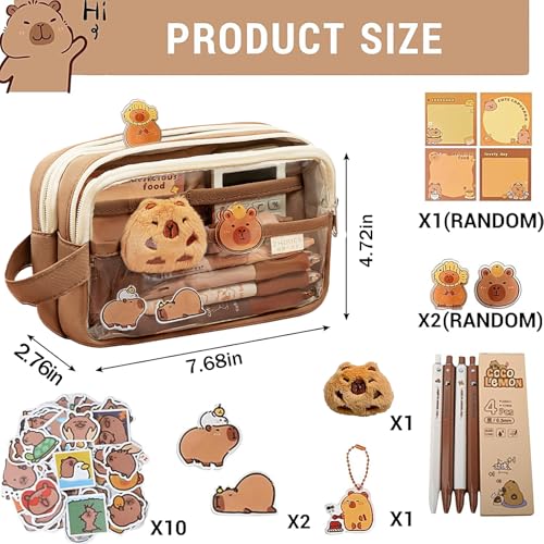 Image of Cute Capybara Pencil Case, Stationery Pouch Set with 10 Stickers+2 Brooches+1 Doll+2 Clip+1 Notepad+1 Keychain+4 Pens, Cartuchera De Capibara