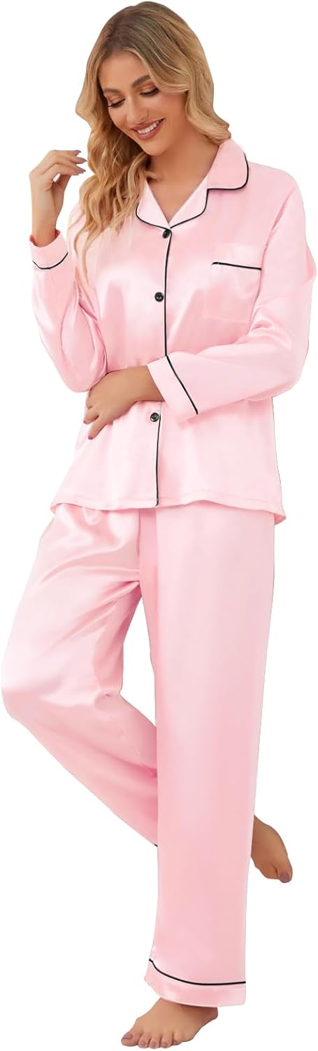 Schbbbta Girls & Women Pajamas Set, 2 Piece Satin Silky Pjs Button-Down Kids Sleepwear, 3 Years - XX-Large - Image 6