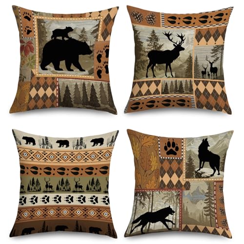 Joymaison Housse Coussin 45x45 Lot de 4 Animaux de Forêt Cerf Ours Loup Taie d'oreiller Brun Campagne Chasse Housse d'oreiller pour Coussins Canapé Housses...
