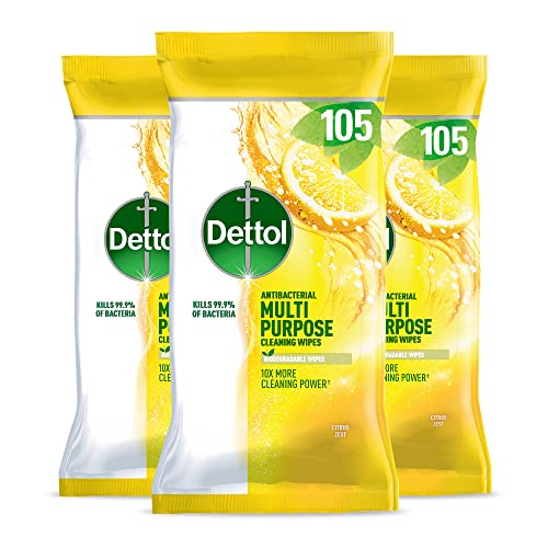 Dettol Antibacterial Multipurpose Cleaning Wipes, Citrus Zest Fragrance, Multipack of 3 x 105 Wipes, Total 315 Wipes Dettol Antibacterial Multipurpose Cleaning Wipes, Citrus Zest Fragrance, Multipack of 3 x 105 Wipes, Total 315 Wipes