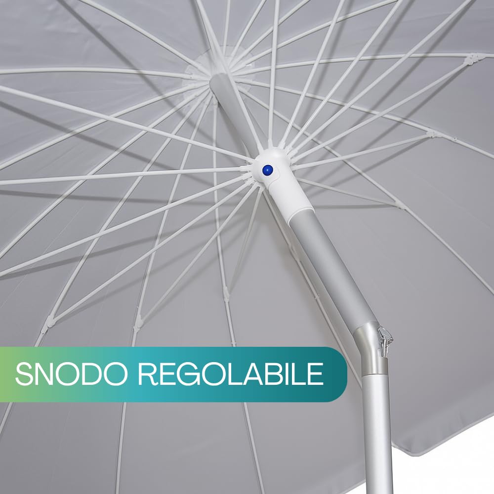 VIRSUS Ombrellone da Spiaggia con Cupola Antivento, Diametro 240 cm, 16 Stecche in Fibra Vetro, Tessuto Poliestere 440gr, Asta Alluminio da 32 mm e Snodo, Ombrello Mare con Sacca Tracolla