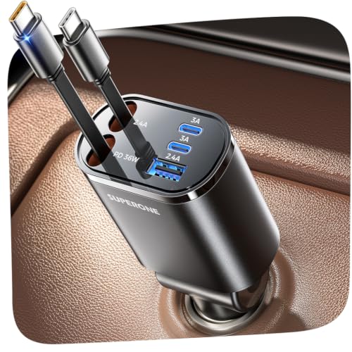 Image of SUPERONE 5 in 1 Retractable Car Charge with Dual Type C Cables