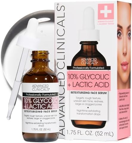 Advanced Clinicals Exfoliating 10% Glycolic Acid Serum For Face + Lactic Acid | Facial Exfoliant AHA + Salicylic Acid Serum To Improve Look Of Large Pores, Uneven Skin Tone, & Dark Spots, 1.75 FL Oz