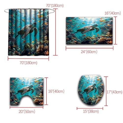 4Pcs Sea Turtle Bathroom Set - Ocean Turtle Bathroom Shower Curtain Sets with 12 Hooks, 70" x 70"