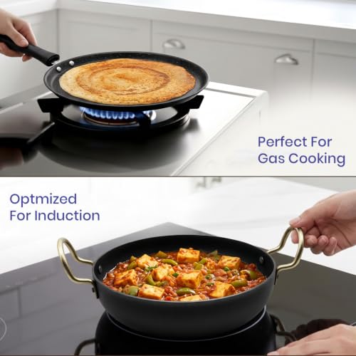 Image of DOZY 5-Piece Iron Non-Stick Cookware Combo Set with Kadhai, Tawa & Tadka Pan Induction Bottom Non-Stick Coated Cookware Set