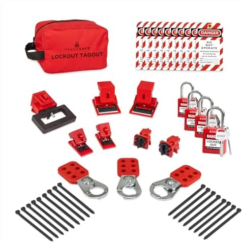 TRADESAFE Breaker Lockout Tagout Electrical Loto Kit, 120/277V to 480/600V Circuit Breaker Lockout, Hasps, Lockout Tags, Keyed Different Red Loto Locks (2 Keys Each); Devices for Station Refill Cover