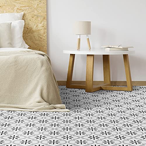 ENCOFT Rouleau de Autocollant PVC pour Sol, Autocollant de Carrelage Anti-dérapant, Autocollant de Sol Étanche, Stickers Carreaux Adhésive pour Salle de Bain Meuble Salon, Blanc Noir 20x300cm