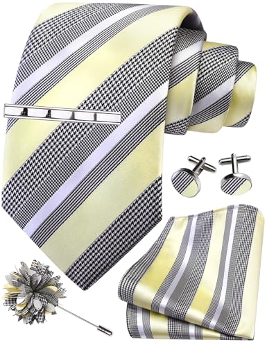 Image of GUSLESON Men's 5-pc Striped Tie Gift Set - Jacquard Necktie, Pocket Square, Cufflinks, Lapel Pin, Tie Clip - Wedding Formal Gifts