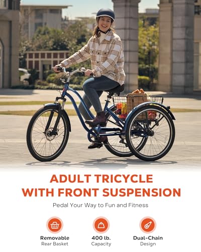 Viribus Adult Tricycle, Tricycle for Adults with Front Suspension and Removable Basket, 26 Inch 3 Wheel Bike for Adults 7 Speed Dual Chain, Adult Trike for Men Women, Royal Blue 400 lb.