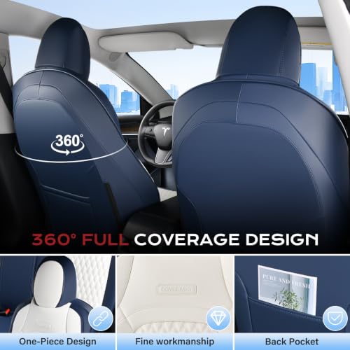 Image of Coverado Car Seat Covers for Tesla Model 3, Car Seat Covers Full Set 5 Seater, Leatherette Car Seat Covers Front Seats and Back Custom for Tesla 2017-2023 Model 3 BlueWhite