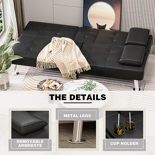 image for JUMMICO Faux Leather Futon Sofa Bed Futon Couch with Removable Armrest
