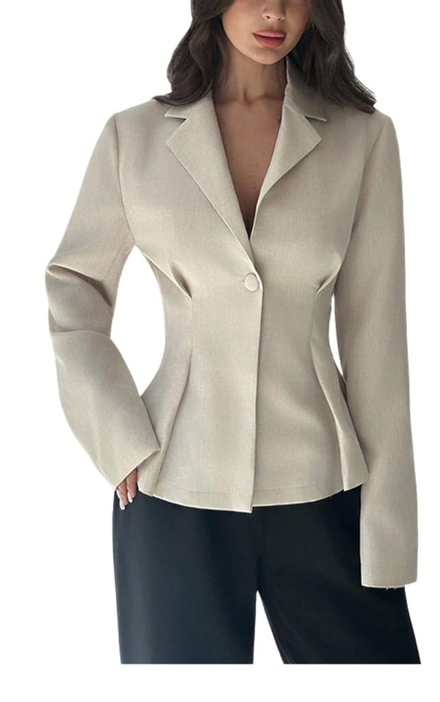 Wuitrie Blazers for Women Button Peplum Waist Lapel Collar Tailored Blazer Office Chic Casual Outfits