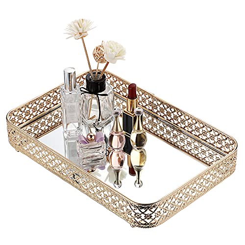 ELLDOO Perfume & Makeup Vanity Tray - Hollow-Carved Jewelry Storage Glass & Metal Trinket Organizer for Dresser & Bathroom Countertop Gold Medium Size