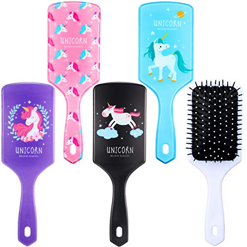 4 Pieces Detangling Hairbrush Unicorn Wet Hair Brush Plastic Massage Comb Paddle Unicorn Hair Detangler Brush for Women Girls Straight Long Thin Natural or Short Hair, Pink, Blue, Black, Purple