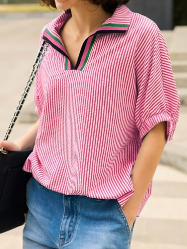 Image of Tankaneo Womens V Neck Striped Blouse Oversized Dolman Sleeve Tops Summer Casual Loose Fit Polo Shirts Red