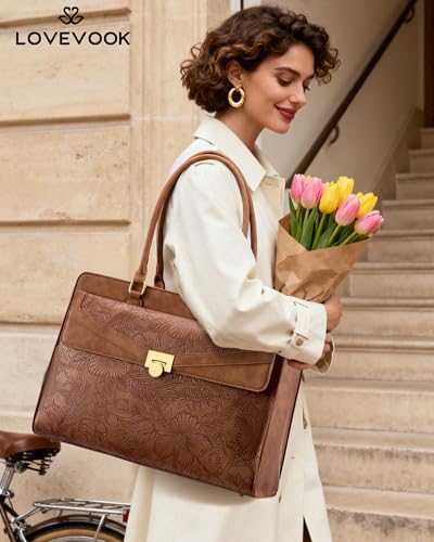 Image of LOVEVOOK Laptop Tote Bag for Women, PU Leather Work Bag, Teacher Tote | with Large Cup Holder, Waterproof Vintage Briefcase for Business Travel & Commute, Magnetic Snap, Padded Laptop Pocket