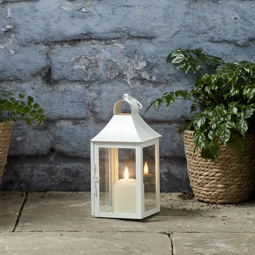 Lights4fun 25cm Laterne Weiß Metall mit TruGlow® LED Kerze mit Timer Gartenlaterne für draußen