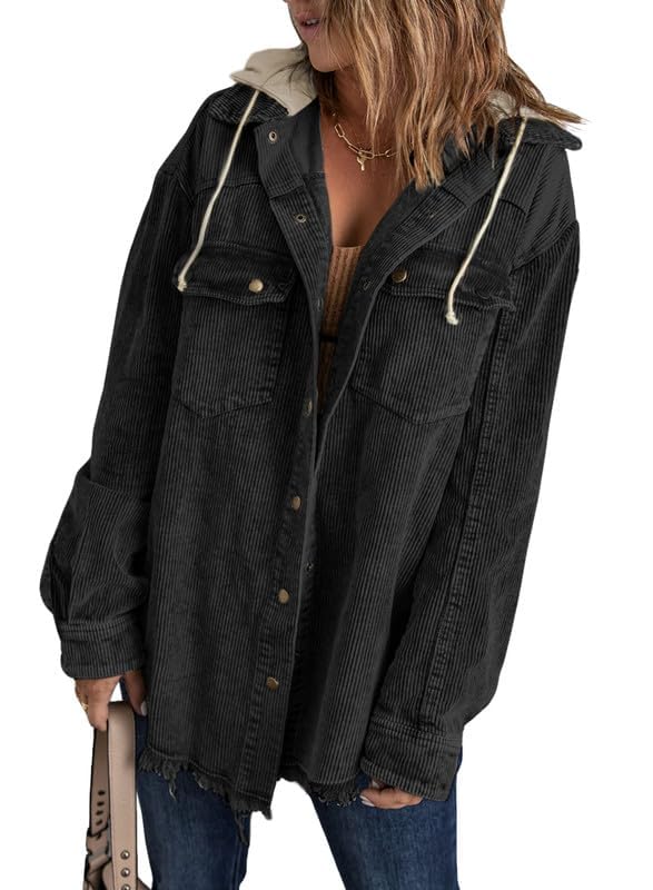 Dokotoo Womens 2025 Fall Corduroy Shacket Jacket Long Sleeve Button Down Color Block Hooded Coat with Pockets2