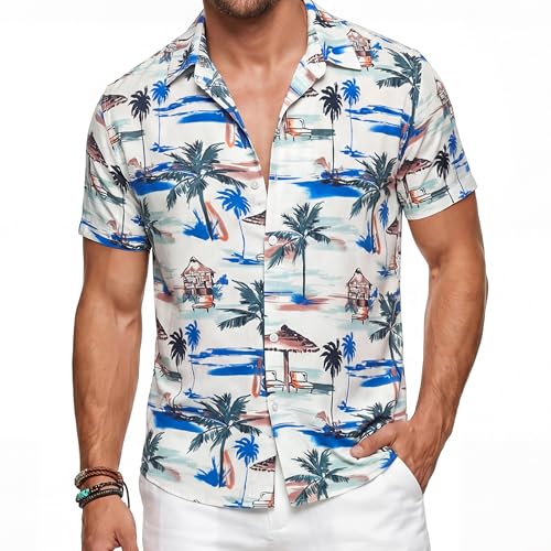 Giggling Getup Men's Hawaiian Shirt Casual Short Sleeve Button Down Summer Beach Shirt Beach Palm Leaf Printed (Beige-XXL)
