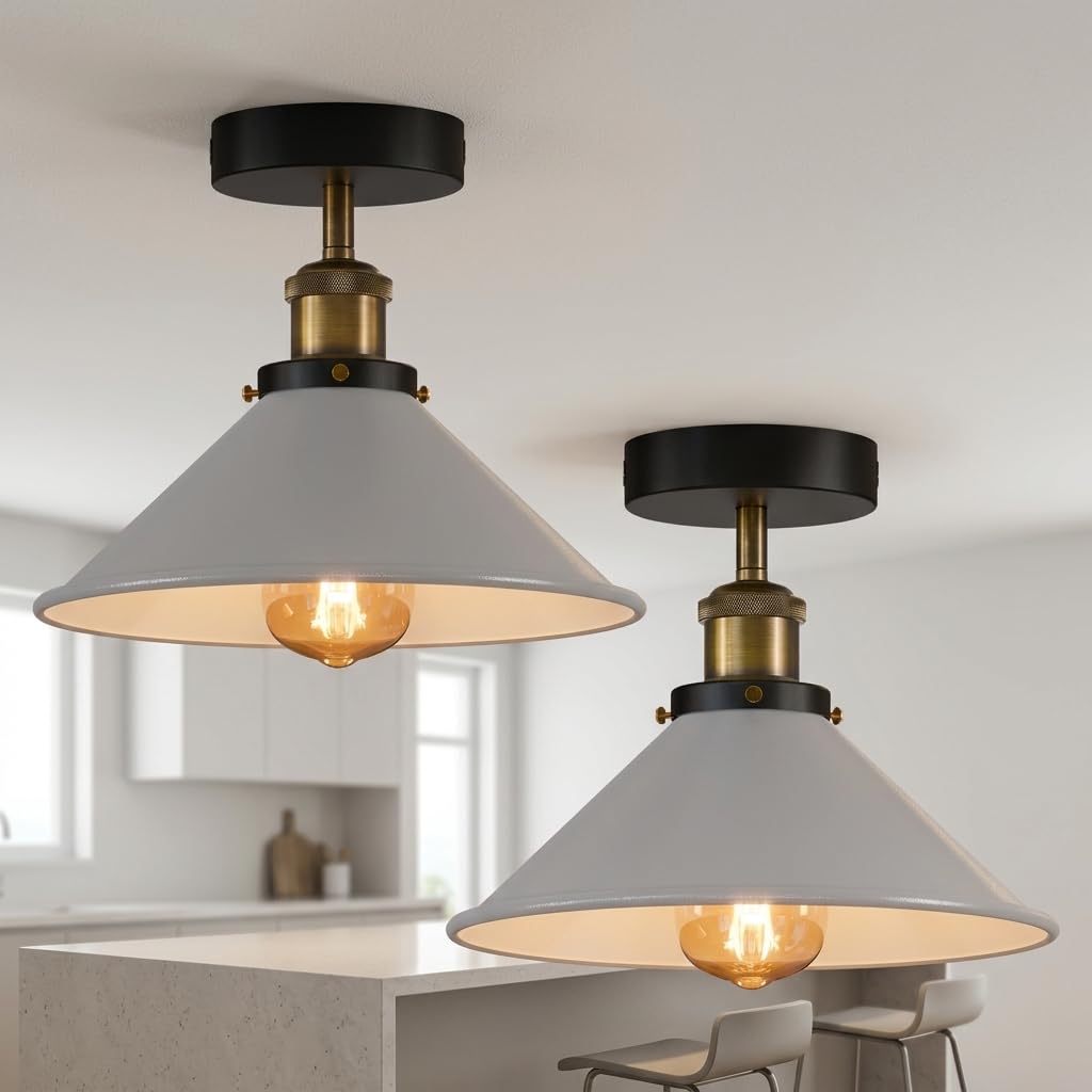 LEDSone 2 Pack Vintage Ceiling Lighting Semi Flush Mount Metal 22cm White Cone Lampshade with E27 Base for Bedroom, Living Room, Dining Room, Kitchen, Hallway with Bulb