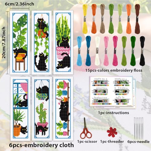 Image of ACRNIGHEET 6PCS Cross Stitch Bookmark Kits Cute Cat and Plants Pattern Stamped Cross Stitch Kits for Beginners Adults DIY Stamped Embroidery Bookmarks with Instructions Hand Embroidery Craft Gift 11CT