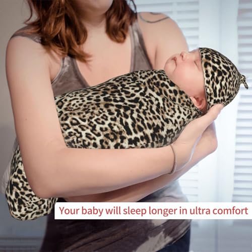 Image of Leopard Print Newborn Swaddle Blankets Cheetah Print Baby Stuff Soft Swaddling Blanket With Beanie Sets Gifts For Infant Boys Girls