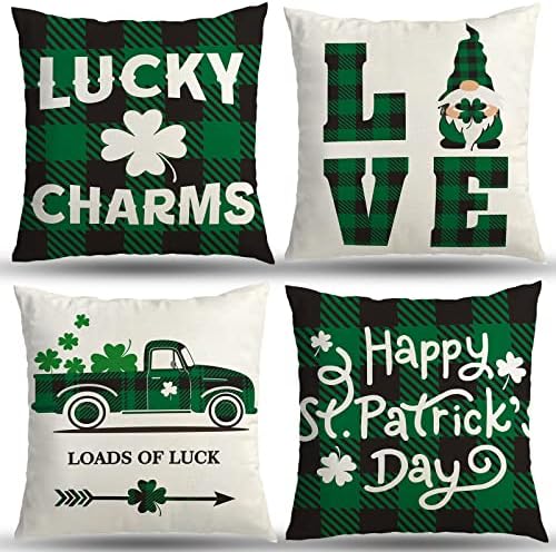 St Patricks Day Decorations Pillow Covers 18x18 Set of 4 Green Clover Buffalo Plaid Gnomes Irish Lucky Truck Holiday Throw Pillow Case Cushion Spring Pillow Covers for Home Decor Room Sofa Couch Car