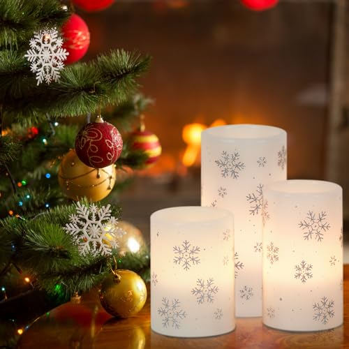 Image of Eldnacele Christmas Flickering Flameless Candles with 6 Hour Timer, Silver Snowflake Decal Battery Operated Real Wax LED Pillar Candles Home Tabletop Holiday Decor(3Pcs,3x4 /5 /6 Inches)