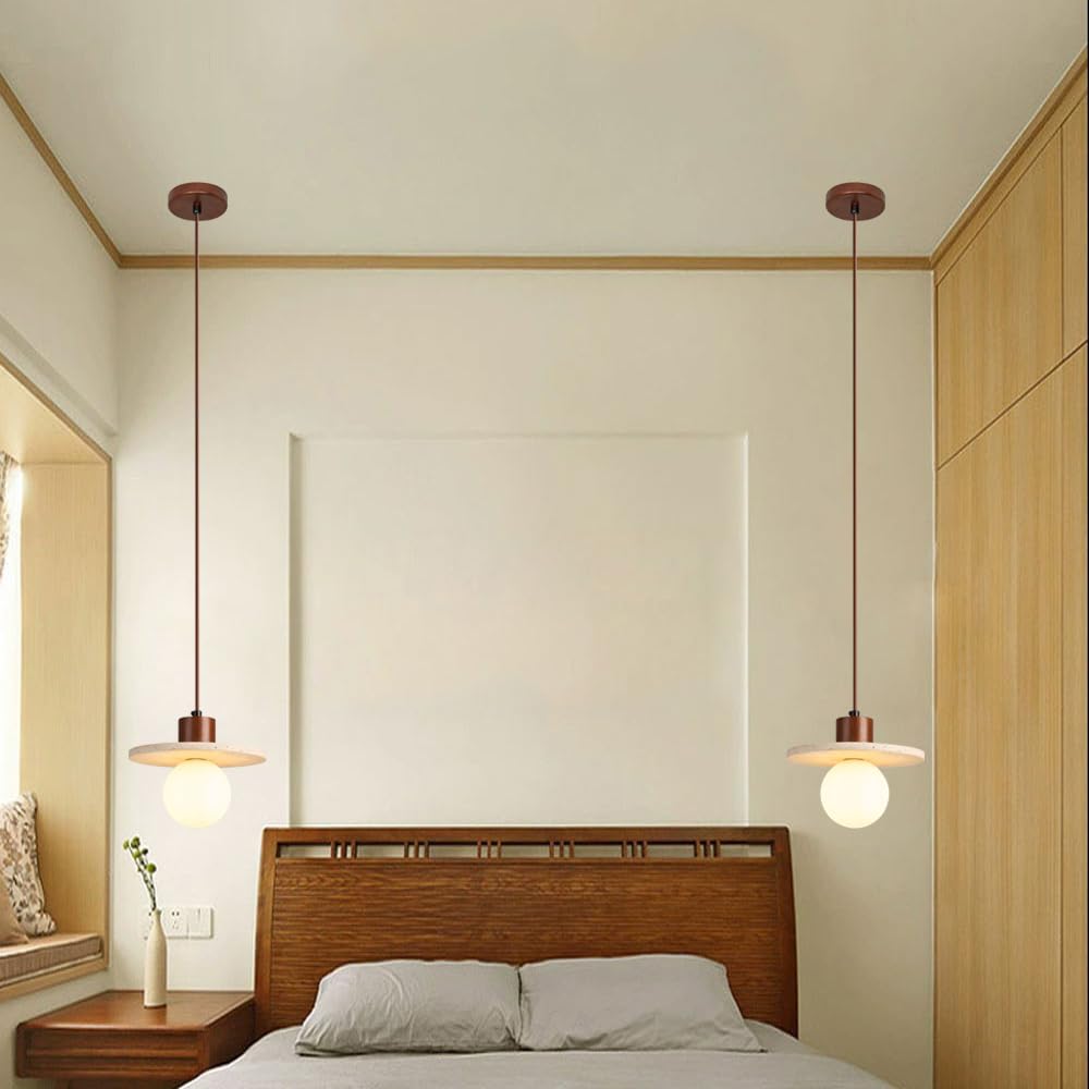 Lampada a sospensione Wabi Sabi in travertino giallo, lampada a in pietra naturale giapponese da 7,8 pollici, paralume in vetro con base G9 regolabile in altezza
