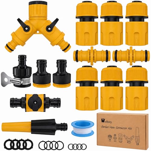 15 Pack Garden Hose Connector Kit Quick Connector for Hose Pipe&tap(Nozzle Hose Repair Connector Hose Quick Connect Y Hose Splitter Male Threaded Adapter Male and Female Connector)Yellow