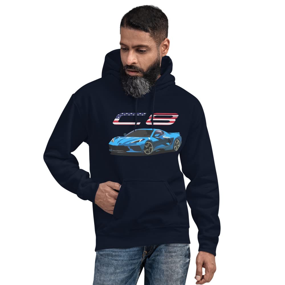 2021 2022 Rapid Blue sports car 'vette C8 Patriotic Graphic Hoodie Pullover Sweatshirt | Car Lover Pullover