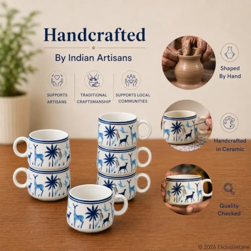 Image of ExclusiveLane 'Deer & Floral' Ceramic Tea Cups Set of 6 for Tea Cups Ceramic (Set of 6, 150 ml, Microwave Safe, White & Blue)| Coffee Cup Set Ceramic Cups for Tea Cup Chai Cups Drinkware